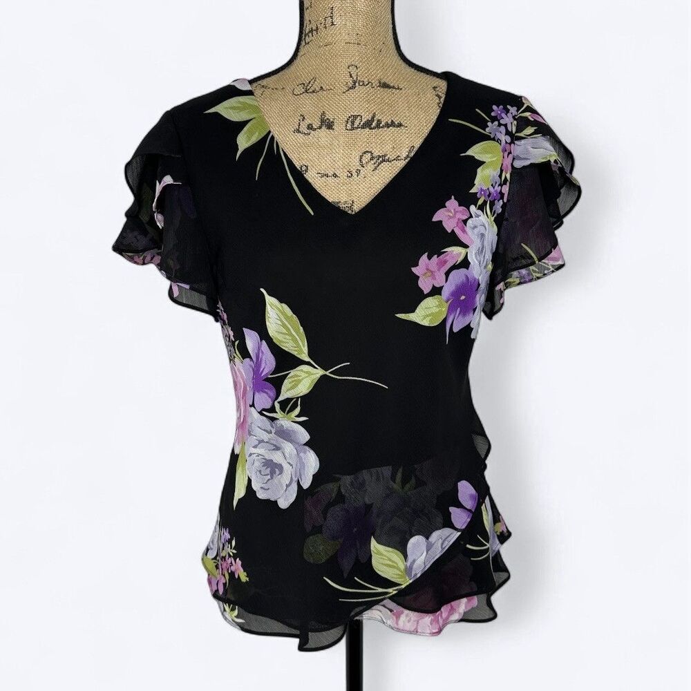 Studio‎ 1 Chiffon Top Sz 14 Black Floral Flutter Sleeve Ruffle Dark Romantic 90s